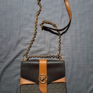 Michael Kors Brown and Tan Crossbody Bag with Gold Accents
